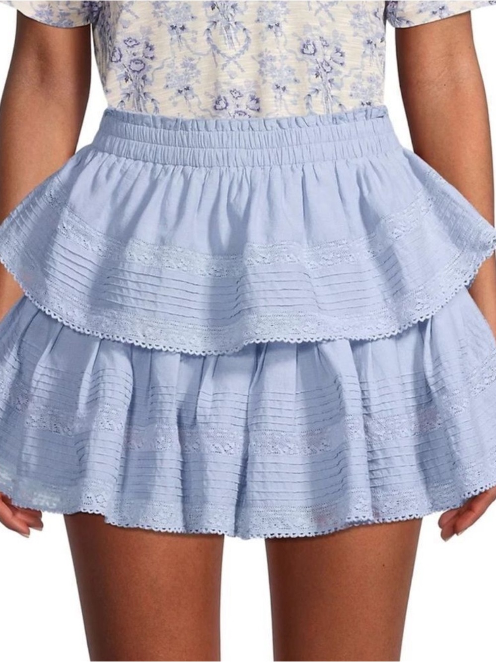Like New LoveShackFancy Ruffle Mini Heather Blue Tiered Skirt Size: Medium